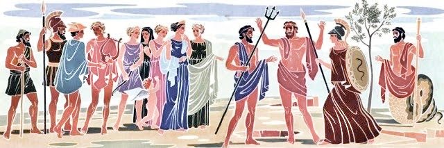 Η λήξη της φιλονικίας μεταξύ του Ποσειδώνα και της Αθηνάς, Αρχααία Ελλάδα, μάχη θεών