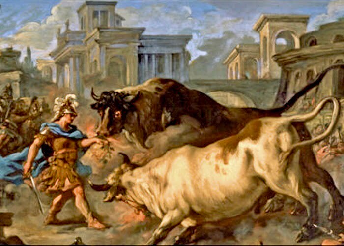 Ο Ιάσονας δαμάζει τους ταύρους με τη βοήθεια της Μήδειας