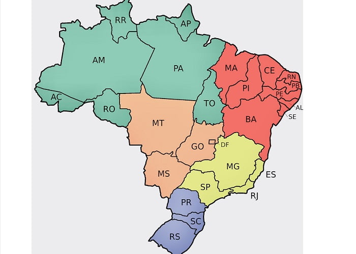 Χάρτης βραζιλίας: Οι πέντε περιφέρειες